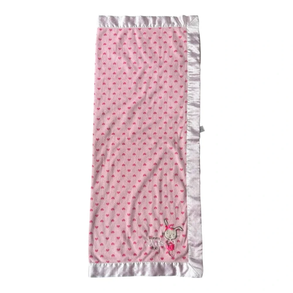 Just One You Carter's Mommy Loves Me‎ Pink Heart Bunny Rabbit Baby Blanket Satin